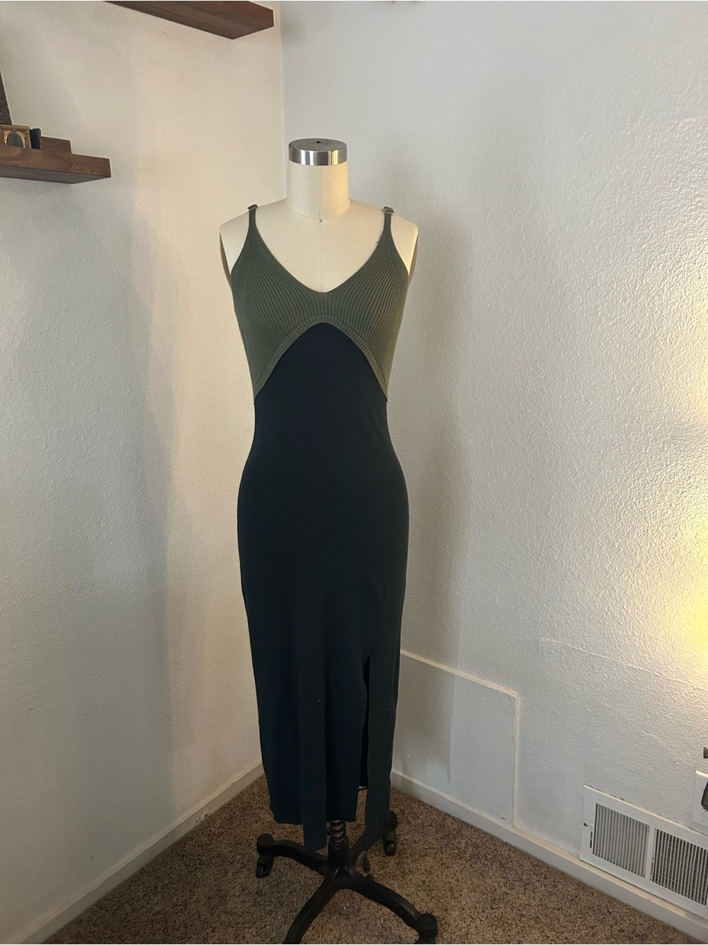 Olive Green & Black Knit Bodycon Midi Dress